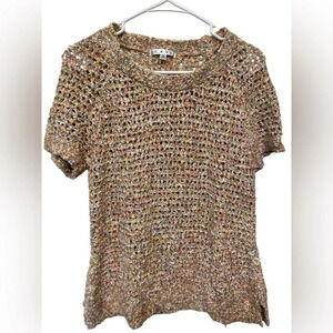 Cabi Blouse Short Sleeve Scoop Neck Crochet Knit Sheer Style #196